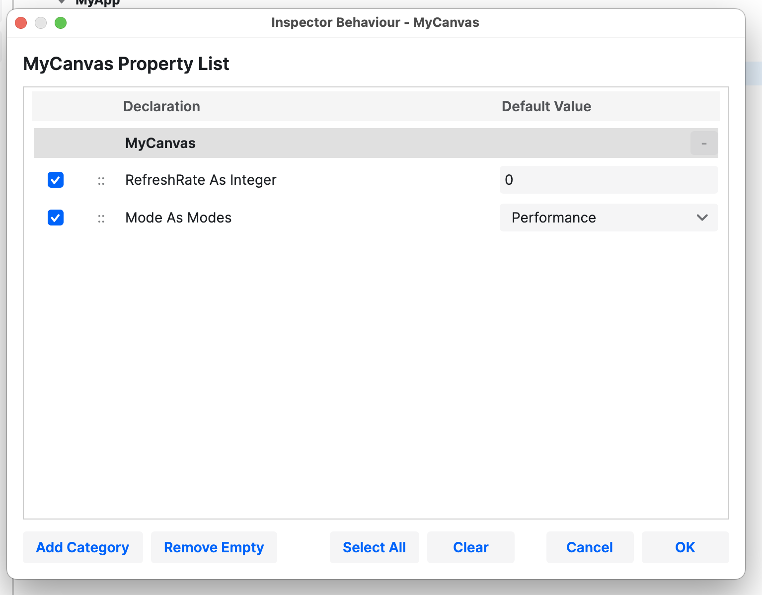 Inspector behaviour window