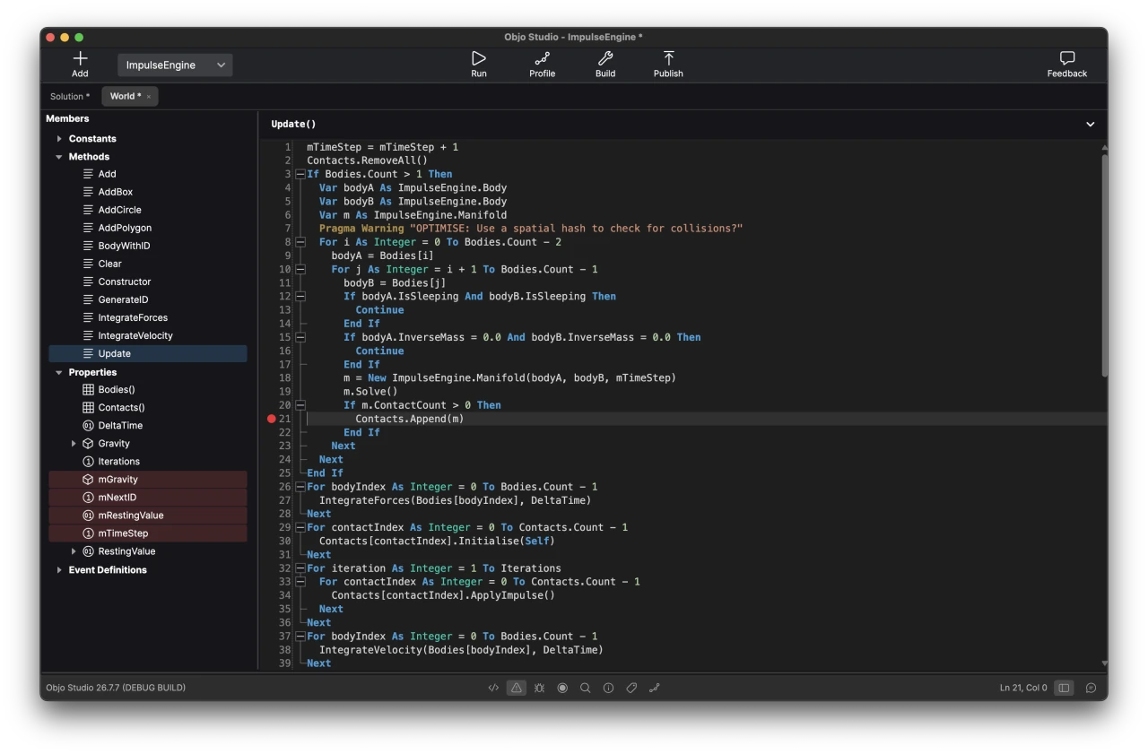 Objo Studio code editor in dark mode showing a statically typed Objo method