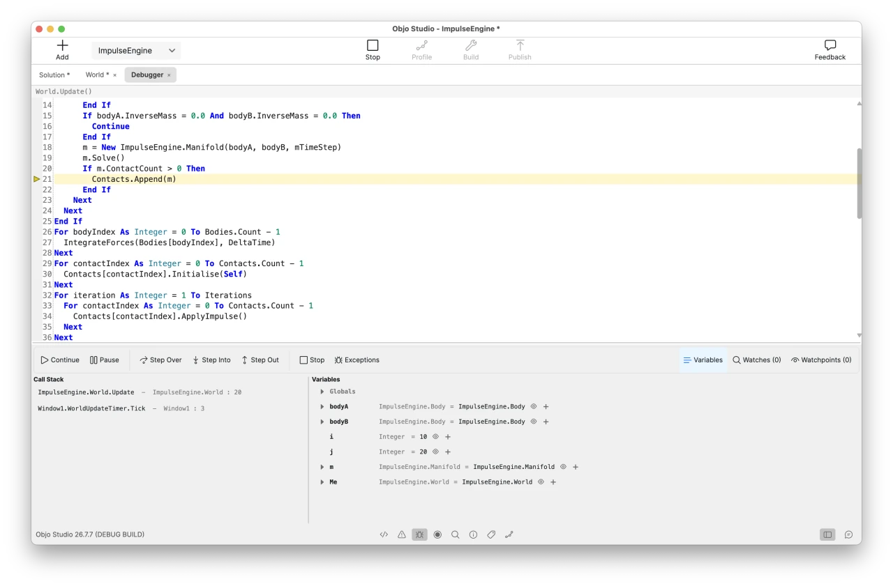 Objo Studio debugger paused at a breakpoint with call stack and variables