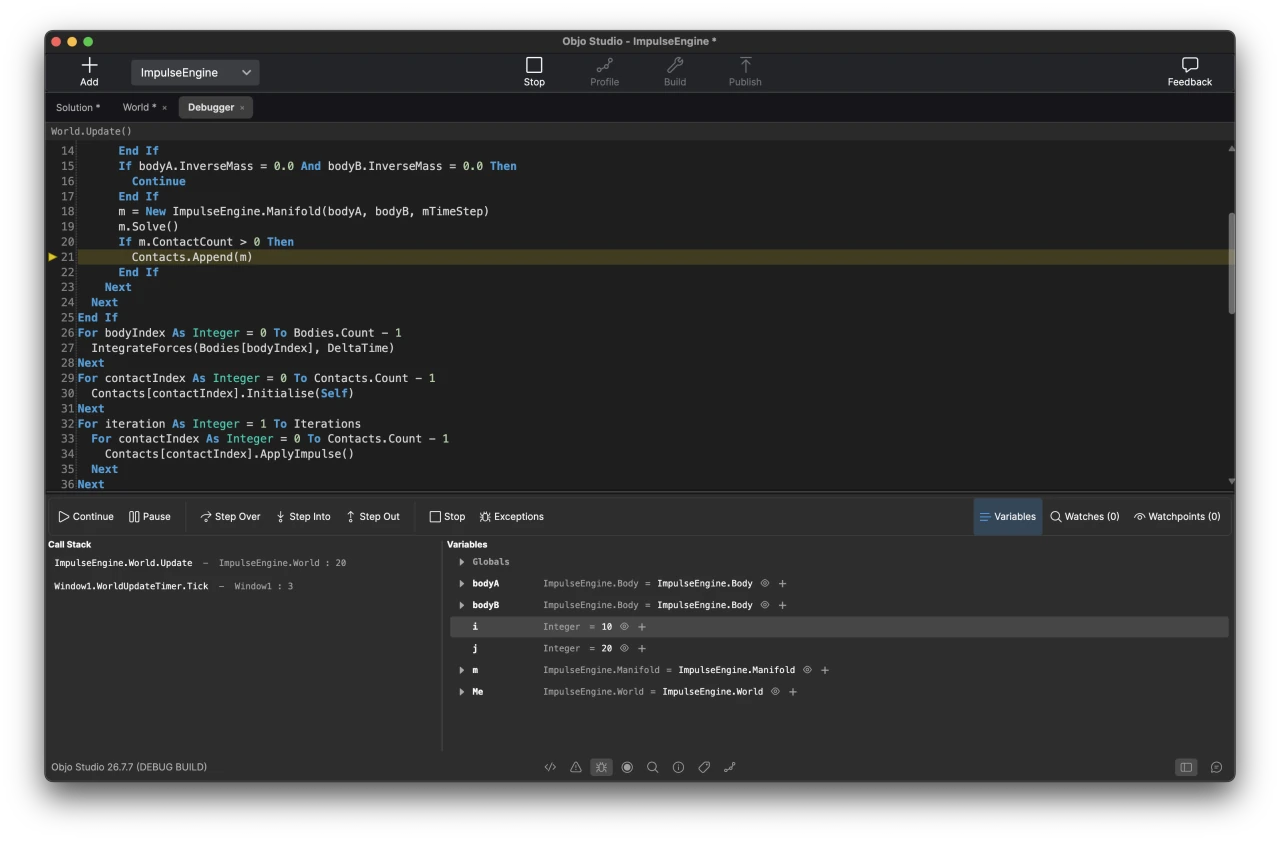Objo Studio debugger in dark mode paused at a breakpoint with call stack and variables