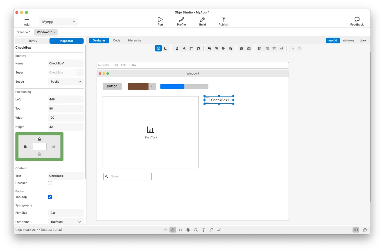 Objo Studio visual designer with its Inspector and a desktop application layout