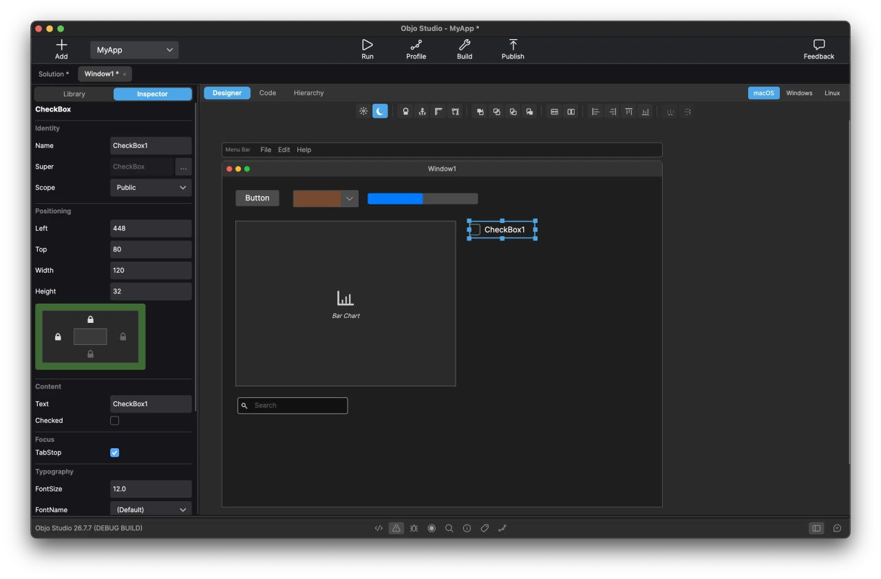 Objo Studio visual designer in dark mode with its Inspector and a desktop application layout